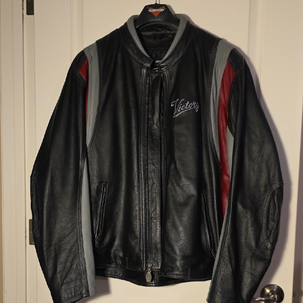Victory Men's Black and Red Leather Jacket
